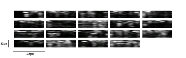 19 spectrograms cut from an audio file each 128x32 pixels in size
